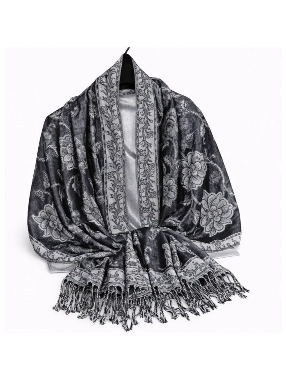 Black White Paisley Jacquard Scarf Shawl Fringe Boho Wrap Women 72x28